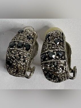 Silver-Tone Clip On Earrings with Black Stones Source Unknown